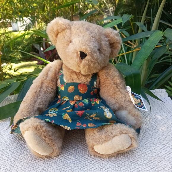 Vintage VERMONT TEDDY BEAR 1994 Brown Fur Fall Harvest Dress 16" Jointed RARE! - Picture 1 of 6